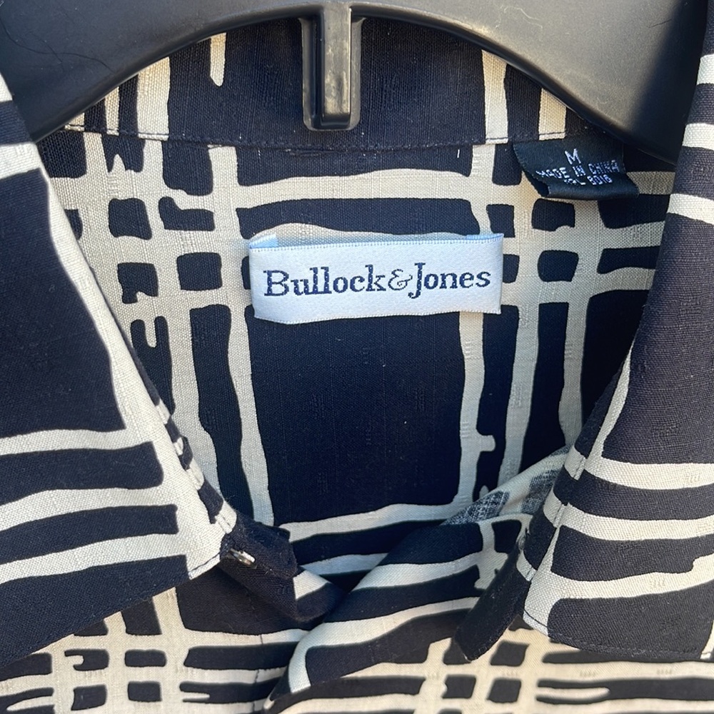 Bullock & Jones M Men's Silk Black Cream Plaid Shirt Short Sleeves Medium Dressy - Picture 2 of 8